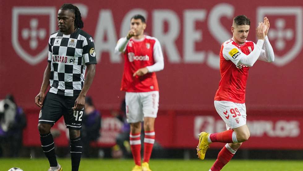 SC Braga's player Vitinha (R) celebrates after scoring 1-0 lead during the Portuguese First League soccer match, between SC Braga and Boavista FC, at Municipal de Braga stadium in Braga, Portugal, 14 January 2023. HUGO DELGADO/LUSA