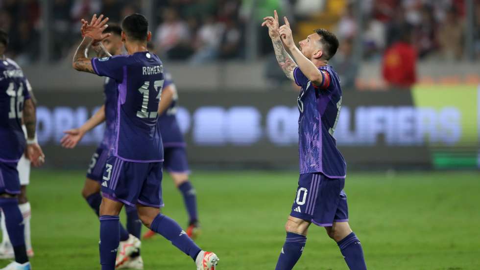 epa10924691 Lionel Messi of Argentina celebrates a goal during a CONMEBOL FIFA World Cup 2026 qualifier match between Peru and Argentina at the National Stadium in Lima, Peru, 17 October 2023.  EPA/Paolo Aguilar