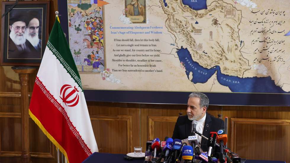 epa12960010 Iran’s Foreign Minister Abbas Araghchi addresses a press conference after attending the BRICS Foreign Ministers' Meeting, at the Embassy of the Islamic Republic of Iran in New Delhi, India, 15 May 2026.  EPA/RAJAT GUPTA