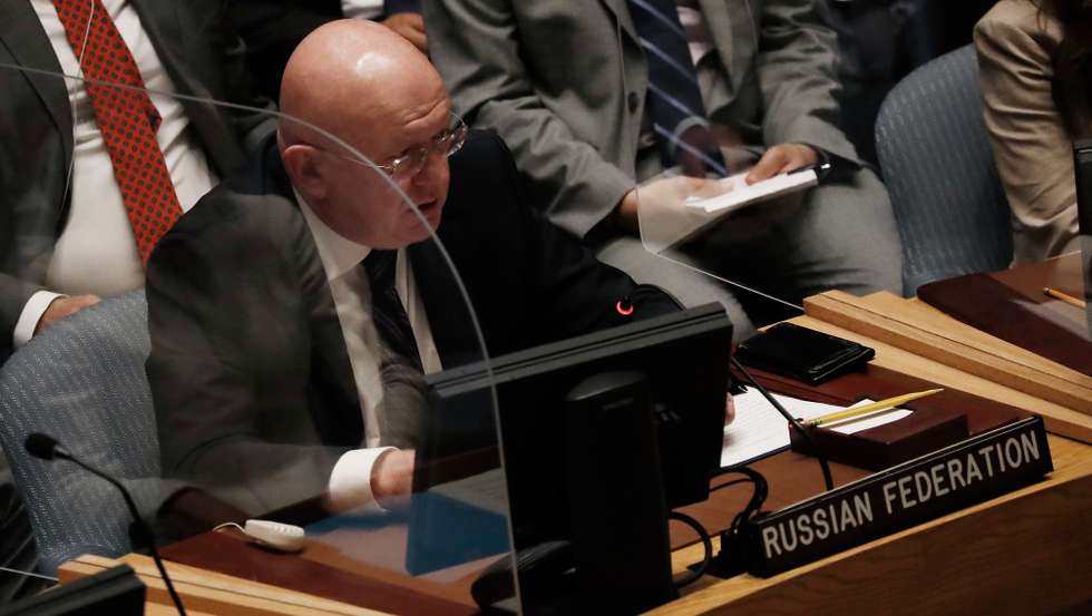 epa10136452 Russia's UN ambassador Vasily Nebenzya speaks at a United Nations Security Council meeting on the situation in Ukraine, at the United Nations headquarters in New York, New York, USA, 24 August 2022.  EPA/PETER FOLEY