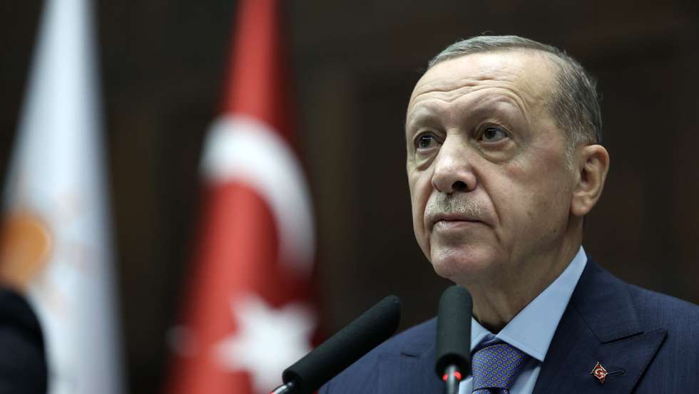 epa10938332 A handout photo made available by the Turkish President Press Office shows Turkish President Recep Tayyip Erdogan addressing members of ruling Justice and Development Party (AKP) at their parliamentary group meeting at the parliament in Ankara, Turkey, 25 October 2023.  EPA/TURKISH PRESIDENT PRESS OFFICE HANDOUT  HANDOUT EDITORIAL USE ONLY/NO SALES HANDOUT EDITORIAL USE ONLY/NO SALES