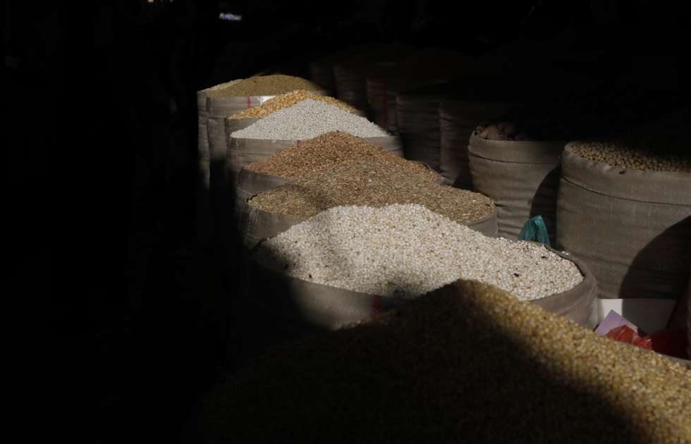 epa09883902 Types of imported grains are displayed for sale amid a food price spike at a market in the old city of Sana'a, Yemen, 10 April 2022. War-ravaged Yemen is experiencing a significant food price spike and food insecurity because of seven years of prolonged conflict, as well as the Russian invasion of Ukraine. The impoverished Arab country imports almost 90 percent of its overall food supply, including over 30 percent of wheat imports coming from Ukraine and at least eight percent from Russia. The United Nations has warned that over 17.4 million Yemenis out of the country's 30-million population experience severe food insecurity and around 161,000 people are likely to experience famine in 2022.  EPA/YAHYA ARHAB