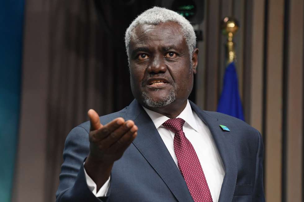 epa09769487 African Union Commission Chairperson Moussa Faki Mahamat speaks during a press conference on the second day of an European Union (EU) African Union (AU) summit at the European Council Building in Brussels, Belgium, 18 February 2022.  EPA/JOHN THYS / POOL
