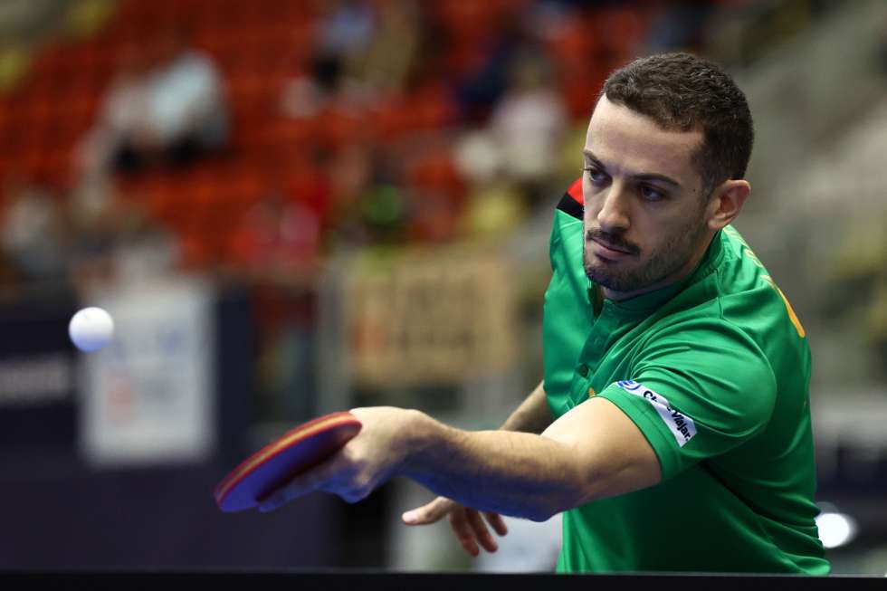 epa11666449 Marcos Freitas of Portugal in action during his Men’s Singles round of 32 match against Tomislav Pucar of Croatia at the Table Tennis European Championships in Linz, Austria, 18 October 2024.  EPA/ANNA SZILAGYI