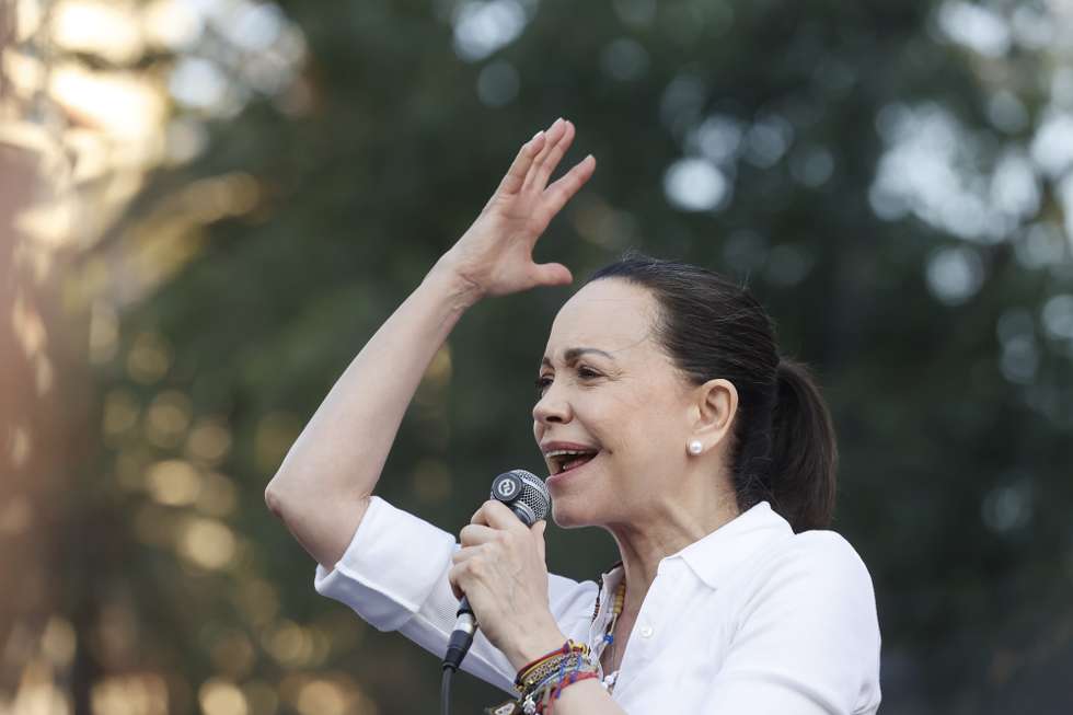 epa12815839 Venezuelan opposition leader Maria Corina Machado speaks during a rally in Santiago, Chile, 12 March 2026. During her visit to Chile, the opposition figure met with several regional leaders and with Spain King Felipe VI, whom she thanked for his words of support for the Venezuelan people.  EPA/Elvis González