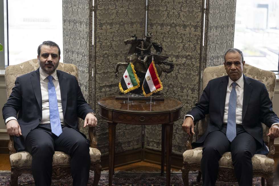 epa12929515 Egyptian Foreign Minister Badr Abdelatty (R) meets Syrian Foreign Minister Asaad Al-Shaibani (L) in the New Administrative Capital, east of Cairo, Egypt, 03 May 2026.  EPA/Mohamed Hossam