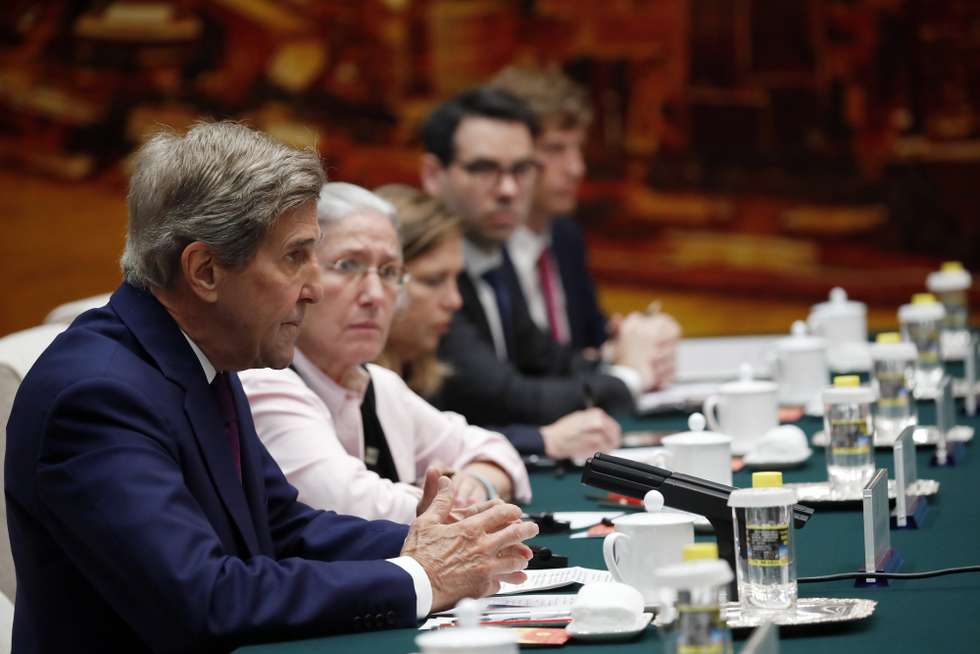 epa10752383 US Special Presidential Envoy for Climate John Kerry attends a meeting with Chinese top diplomat Wang Yi (not pictured) at the Great Hall of the People in Beijing, China, 18 July 2023.  EPA/FLORENCE LO / POOL
