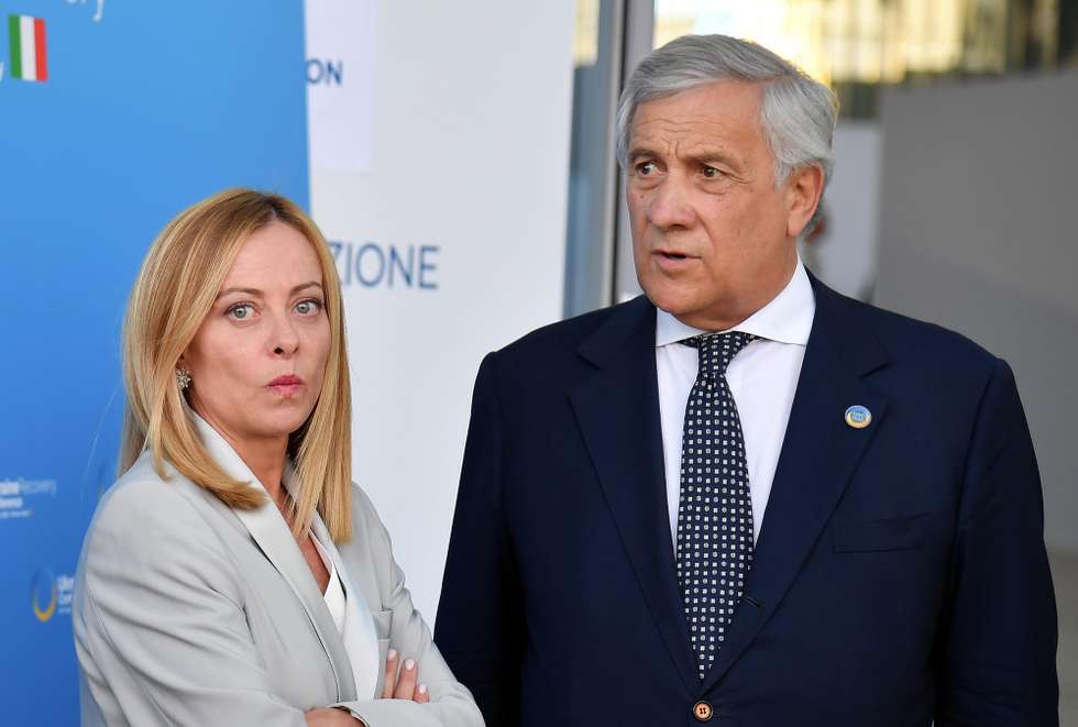 epa12230003 Italian Prime Minister Giorgia Meloni (L) and the Foreign Minister Antonio Tajani (R) attend the Ukraine Recovery Conference 2025 at Convention Center La Nuvola, in Rome, Italy, 10 July 2025.  EPA/FABIO CIMAGLIA