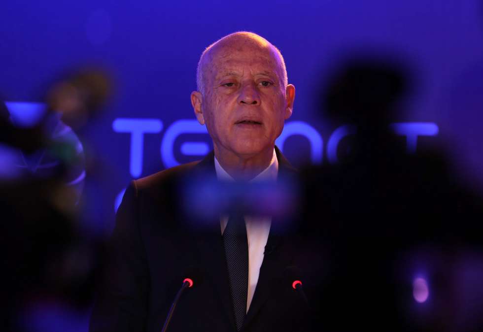 epa09365583 (FILE) - Tunisian President Kais Saied speaks during the launch of Tunisia's first satellite 'Challenge-1', which was created by the Telnet telecommunications group, in Tunis, Tunisia, 22 March 2021 (Reissued 25 July 2021). On 25 July 2021 following protests in multiple cities against the government's handling of the COVID-19 pandemic, Tunisian President Kais Saied anounced that he is relieving Prime Minister Hicham Mechichi, freezing the Parliament and suspending its members immunity, and assuming control of the executive authority with the assistance of a new Prime Minister to be selected at a later date.  EPA/MOHAMED MESSARA *** Local Caption *** 56778570