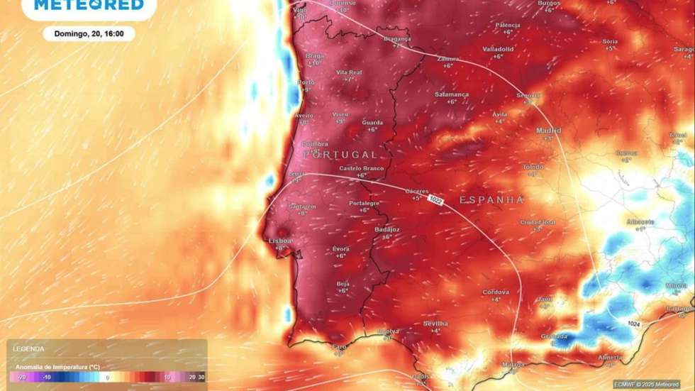 Mais de 10ºC acima da temperatura média para a época em alguns locais, segundo o site Meteored, nas previsões para domingo às 16h00