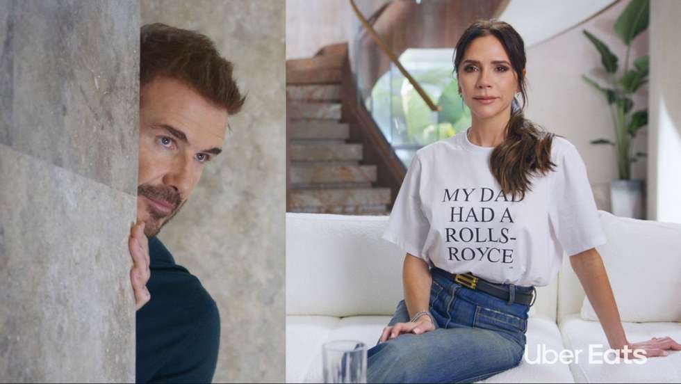 Para a Uber Eats, David e Victoria brincam com um clip viral de "Beckham", que chegou no ano passado à Netflix