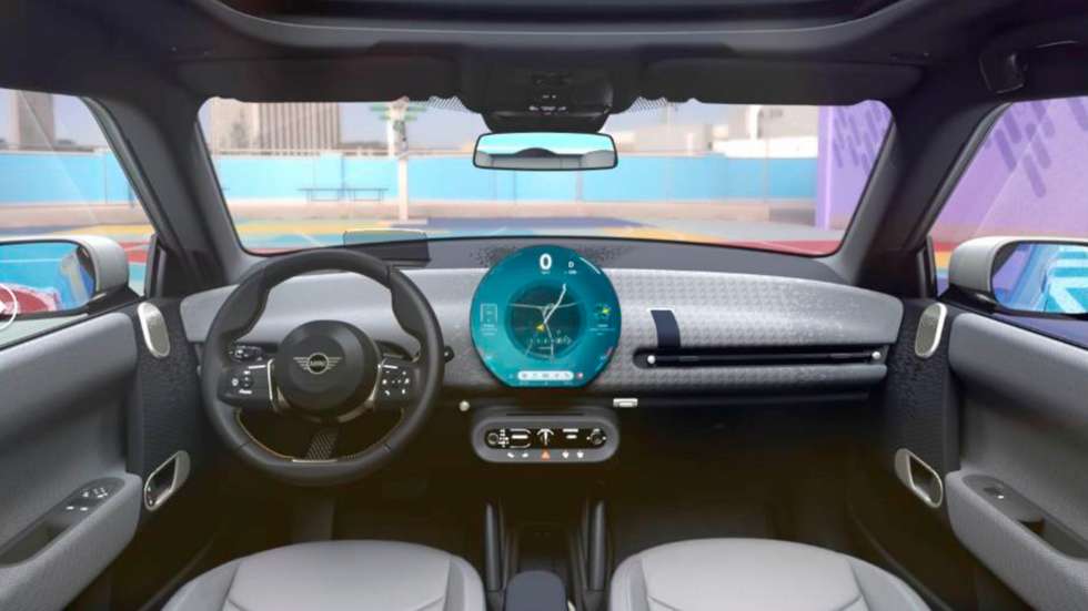 O interior do novo Mini Cooper SE Electric, que será fabricado na China. Mantém-se o estilo habitual da marca, mas com um ecrã central mais versátil e com mais informação