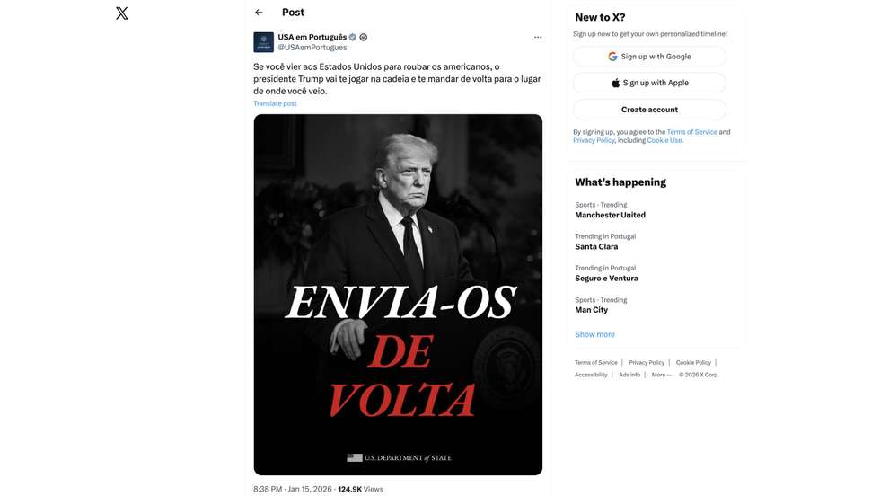 A publicação do Departamento de Estado dos EUA nas redes sociais