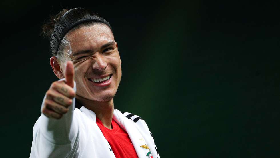 Festejo de Darwin Núnez durante o jogo entre o Sporting Clube de Portugal e o Sport Lisboa e Benfica no estádio da Alvalade, a contar para a 30ª jornada da Primeira Liga 2021/22. Lisboa, 17 de Abril de 2022. FILIPE AMORIM/OBSERVADOR