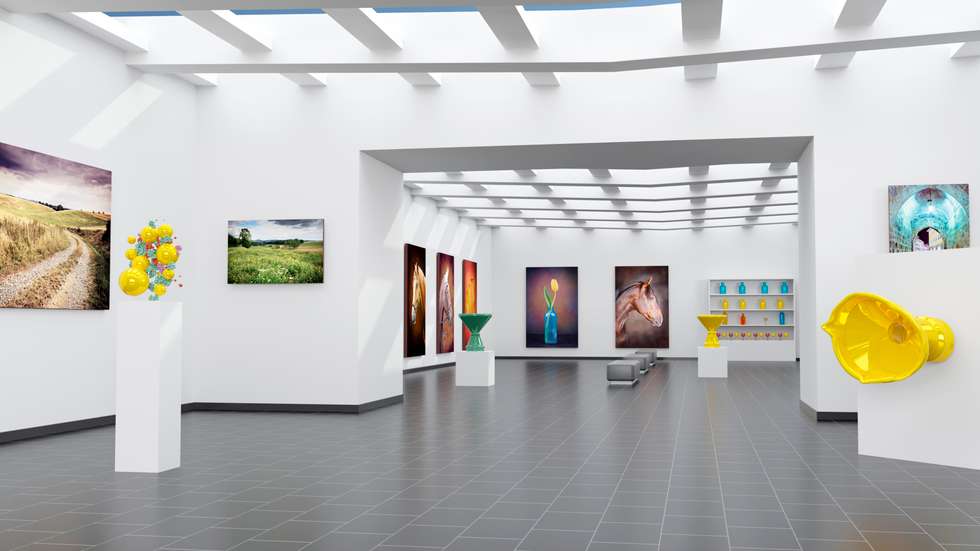 Canvas paintings and plastics models arranged in art gallery
