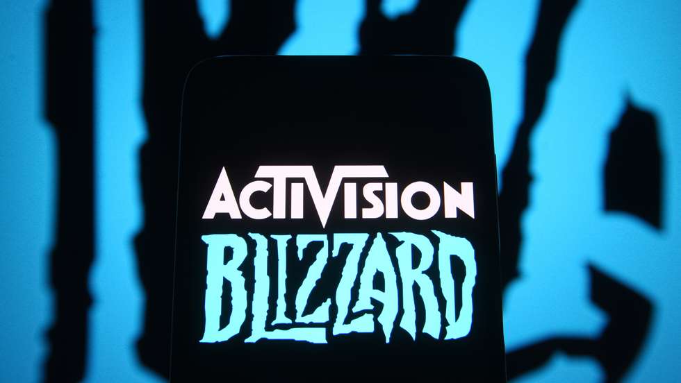 In this photo illustration, Activision Blizzard logo of a