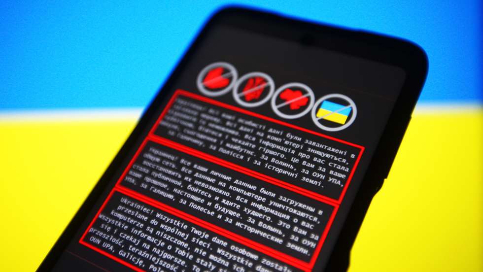 In this photo illustration, a warning message in Ukrainian,