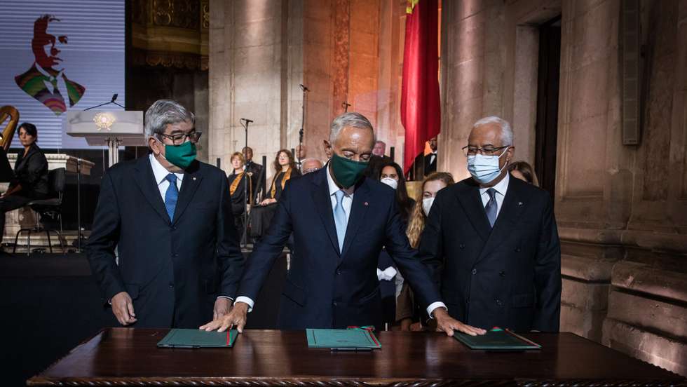 Cerimónia de concessão de Honras de Panteão Nacional a Aristides Sousa Mendes com a presença das mais altas figuras do Estado português como Marcelo Rebelo de Sousa, o Presidente da República, Eduardo Ferro Rodrigues, presidente da Assembleia da República e António Costa, primeiro-ministro. Lisboa, 19 de outubro de 2021. JOÃO PORFÍRIO/OBSERVADOR