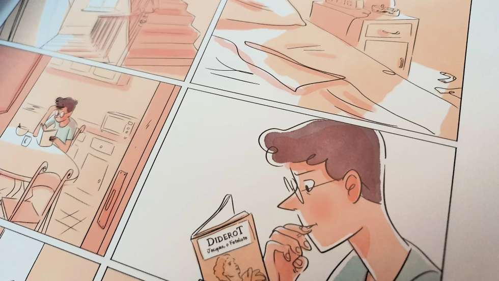 Desenhos simples, de cores fortes, com pouco texto ou nenhum, de forma a passar a emoção para o leitor, a quem cabe interpretar o que lá está