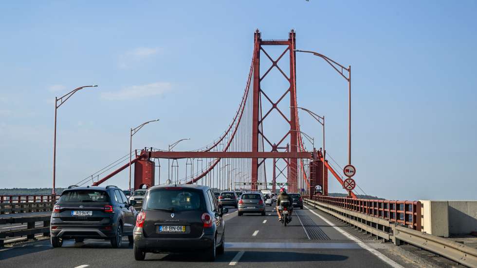 Heavy Traffic At 25 De Abril Bridge In Lisbon