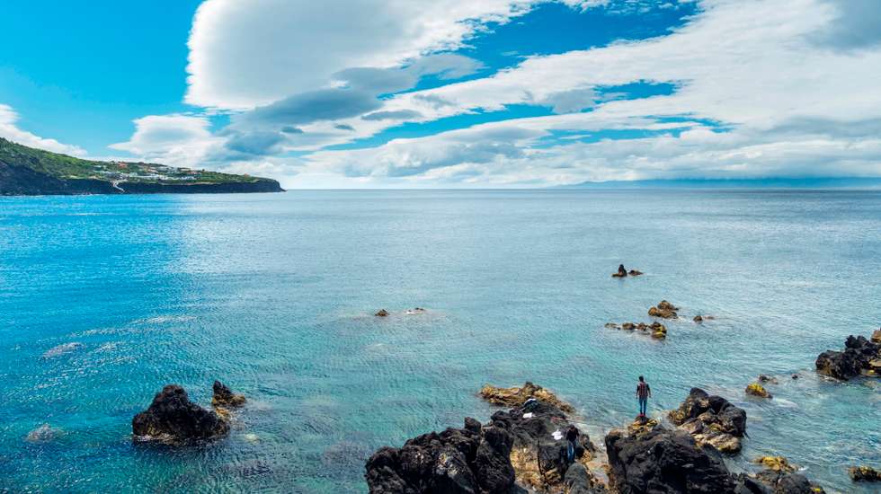 Fishing in the harbour of Velas. the main town on the island. Sao Jorge Island. an island in the Azores (Ilhas dos Acores) in the Atlantic ocean. The Azores are an autonomous region of Portugal. Europe. Portugal. Azores.