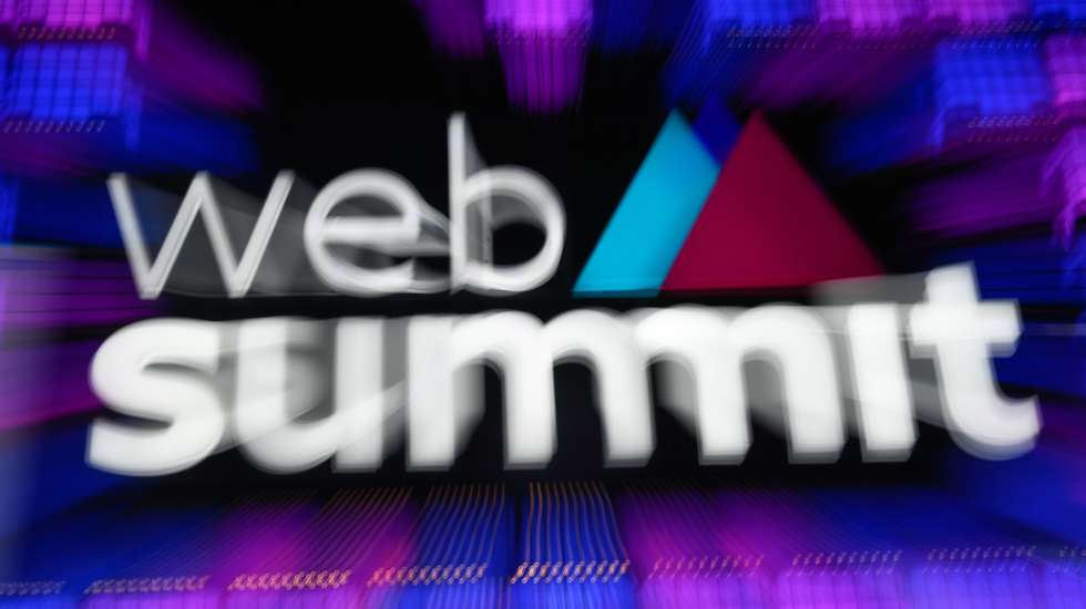 Web Summit logo is seen during the last day of the Web