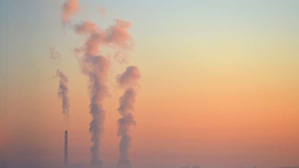 Pipe Factory Smoke Obscured By Fog Background Pink Sky