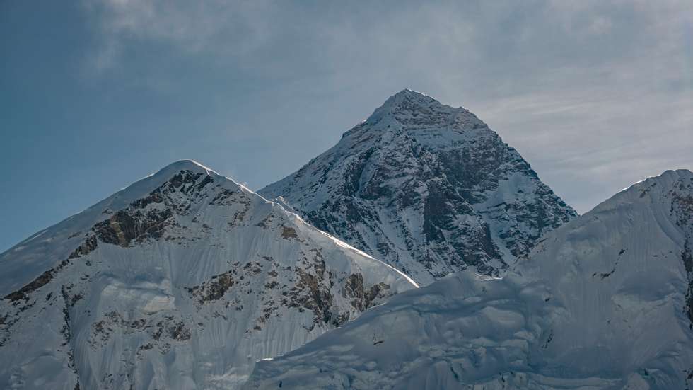 Close-up of the summit of Mt. Everest, monsoon clouds rising