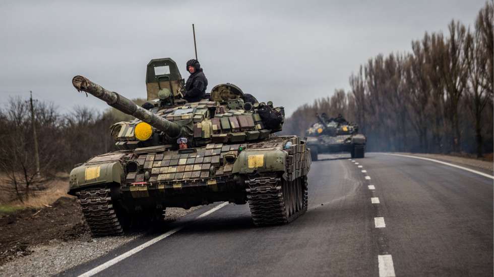 ZAPORIZHZHIA, UKRAINE - APRIL 12: A Ukrainian tank on the road