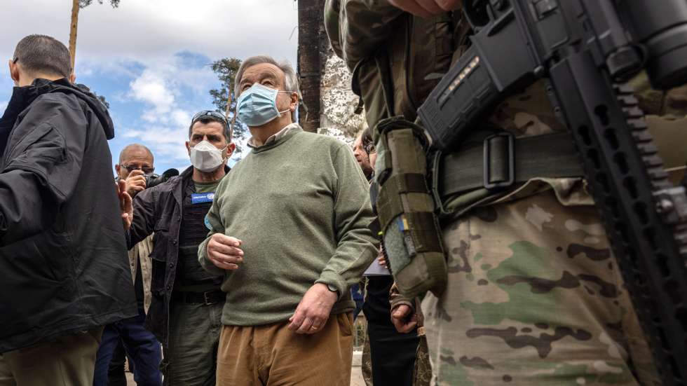 António Guterres, secretário-geral da ONU, na primeira visita à Ucrânia desde o início da guerra, em abril