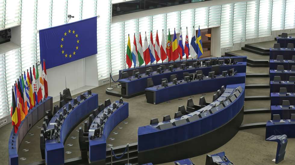 Flags of European states inside the hall of Parliament in Strasbourg.
