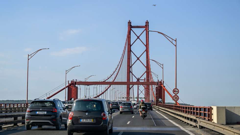 Heavy Traffic At 25 De Abril Bridge In Lisbon