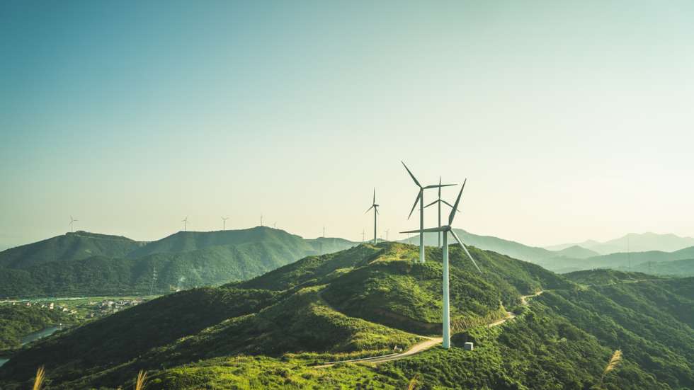 large group of wind turbines on the mountain near by sea
