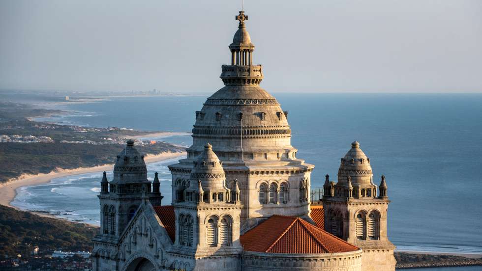 Sanctuary of Saint Lucia seen from the Mount of Saint Lucia at sunset, Viana do Castelo, Portugal.