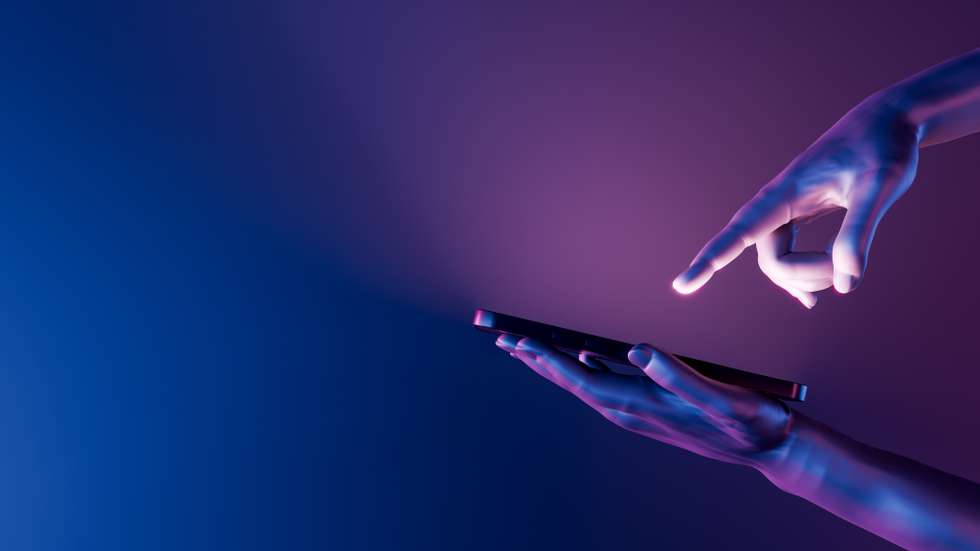 3D hands holding a smartphone and pointing at it