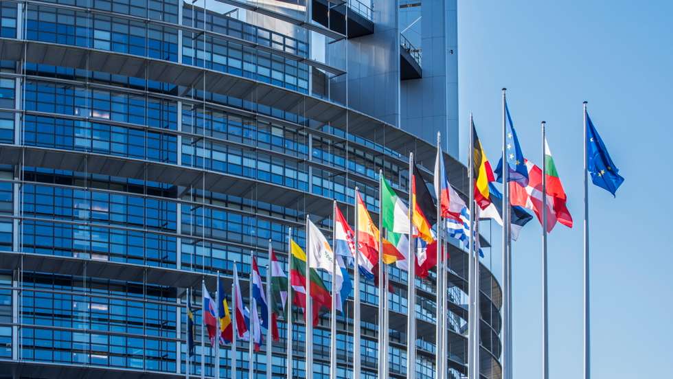 Flags of countries in Europe in front of the European Parliament / EP at Strasbourg