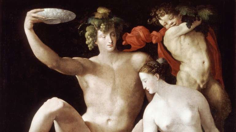 a pintura "Baco, Vénus e Cupido" perdura como testemunho da arte de Fiorentino em Fontainebleau