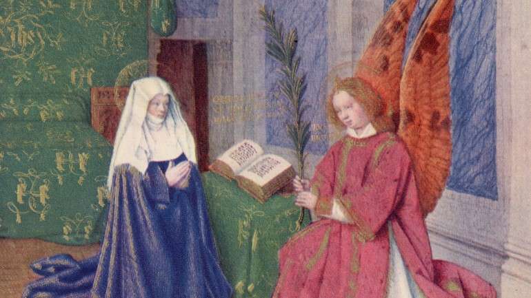 O anjo aparece a Maria, do Livro de Horas de Étienne Chevalier, por Jean Fouquet, c. 1455