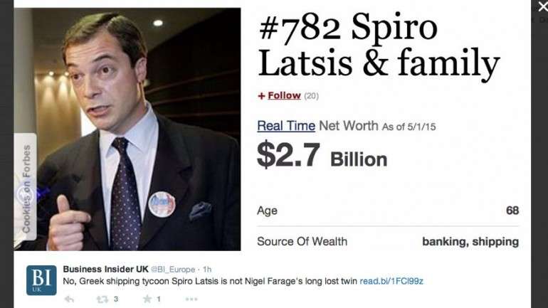 Spiro Latsis, empresário grego dono da EFG International, foi considerado pela Forbes o 782º homem mais rico do mundo com uma fortuna avaliada em 2.7 biliões de dólares