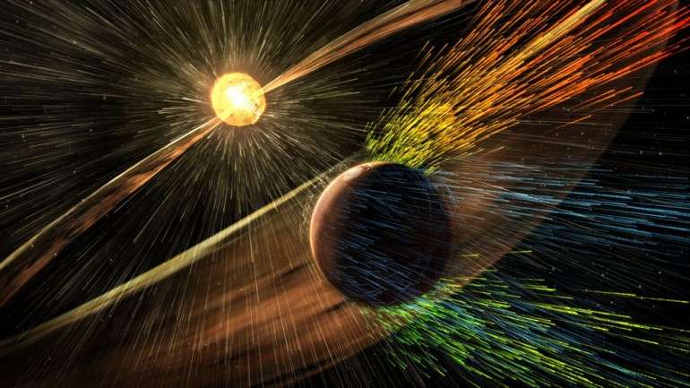 Representação artística dos ventos solares a atingirem as camadas superiores da atmosfera de Marte