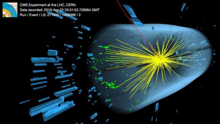 Visualização de uma colisão no dia 22 de abril de 2016 no detetor de CMS