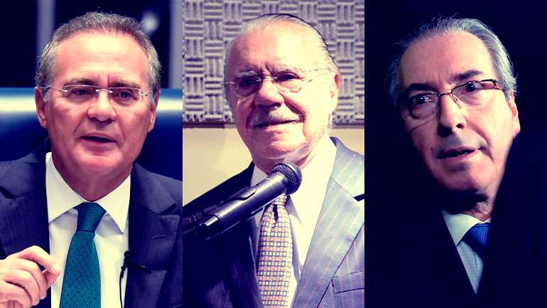 Renan Calheiros (à esquerda), José Sarney (centro) e Eduardo Cunha (à direita)