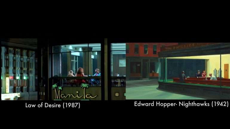A comparação entre uma cena do filme "A lei do desejo" (1987) de Almodóvar e a pintura "Nighthawks" (1942), de Edward Hopper