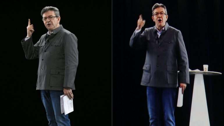 Jean-Luc Mélenchon e o holograma de Jean-Luc Mélenchon em Lyon e em Paris