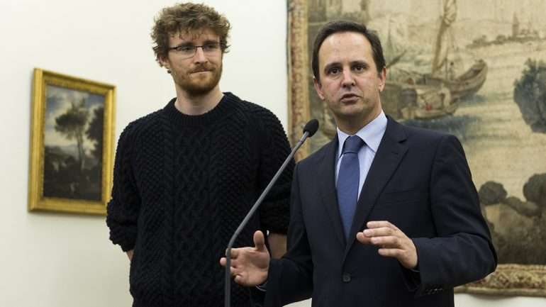 Paddy Cosgrave, fundador da Web Summit, em conferência de imprensa com Fernando Medina, presidente da CML, sobre o evento de empreendedorismo que se realizou pela primeira vez em Lisboa, em 2016