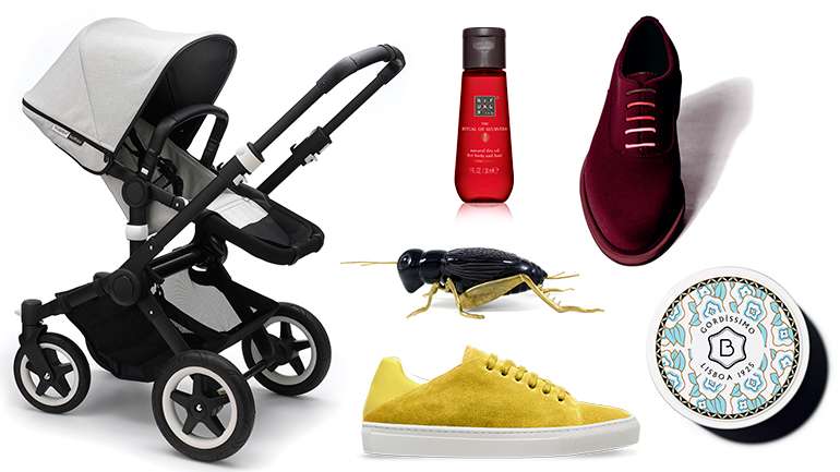 Da esquerda para a direita, no sentido dos ponteiros do relógio: carrinho Bugaboo Atelier, óleo Rituals, sapatos Lemon Jelly X Stylista, manteiga corporal Benamôr, ténis Freakloset e grilo da Laboratório d'Estórias.