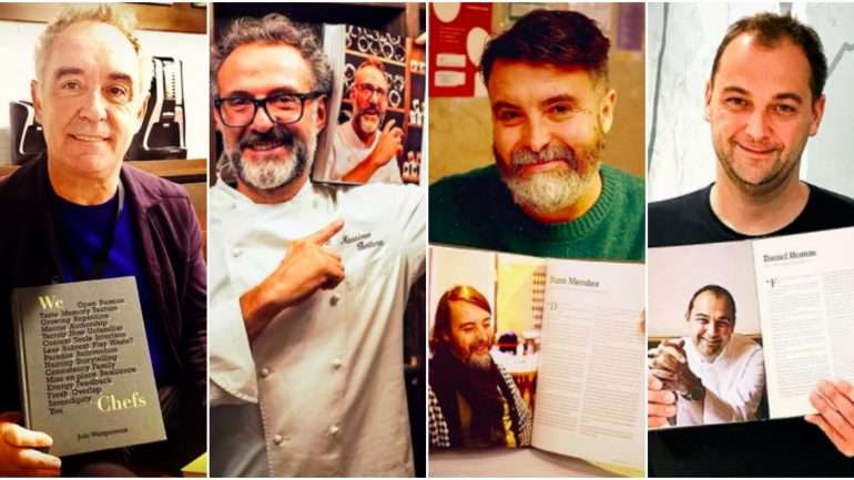 Ferran Adrià, Massimo Bottura, Nuno Mendes e Daniel Humm com o livro de Wengorovius