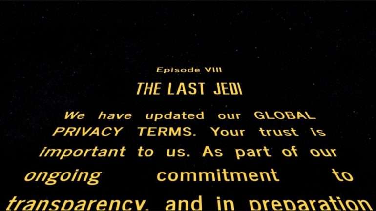 O realizador do último filme da saga Star Wars brincou com os termos de privacidade que foram atualizados em inúmeros sites e o genérico dos filmes