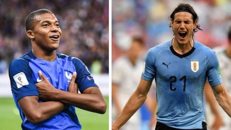 Mbappé e Cavani, ambos do PSG, vão enfrentar-se no primeiro jogo dos quartos de final do Mundial da Rússia