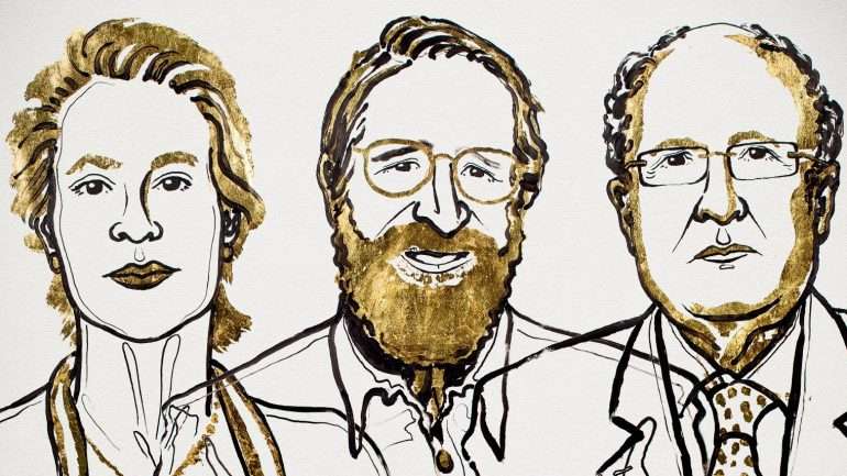 Frances H. Arnold, George P. Smith e Gregory P. Winter foram distinguidos por terem conseguido recriar a evolução em laboratório, mas de uma forma mais rápida — ilustração de Niklas Elmehed/Nobel Prize
